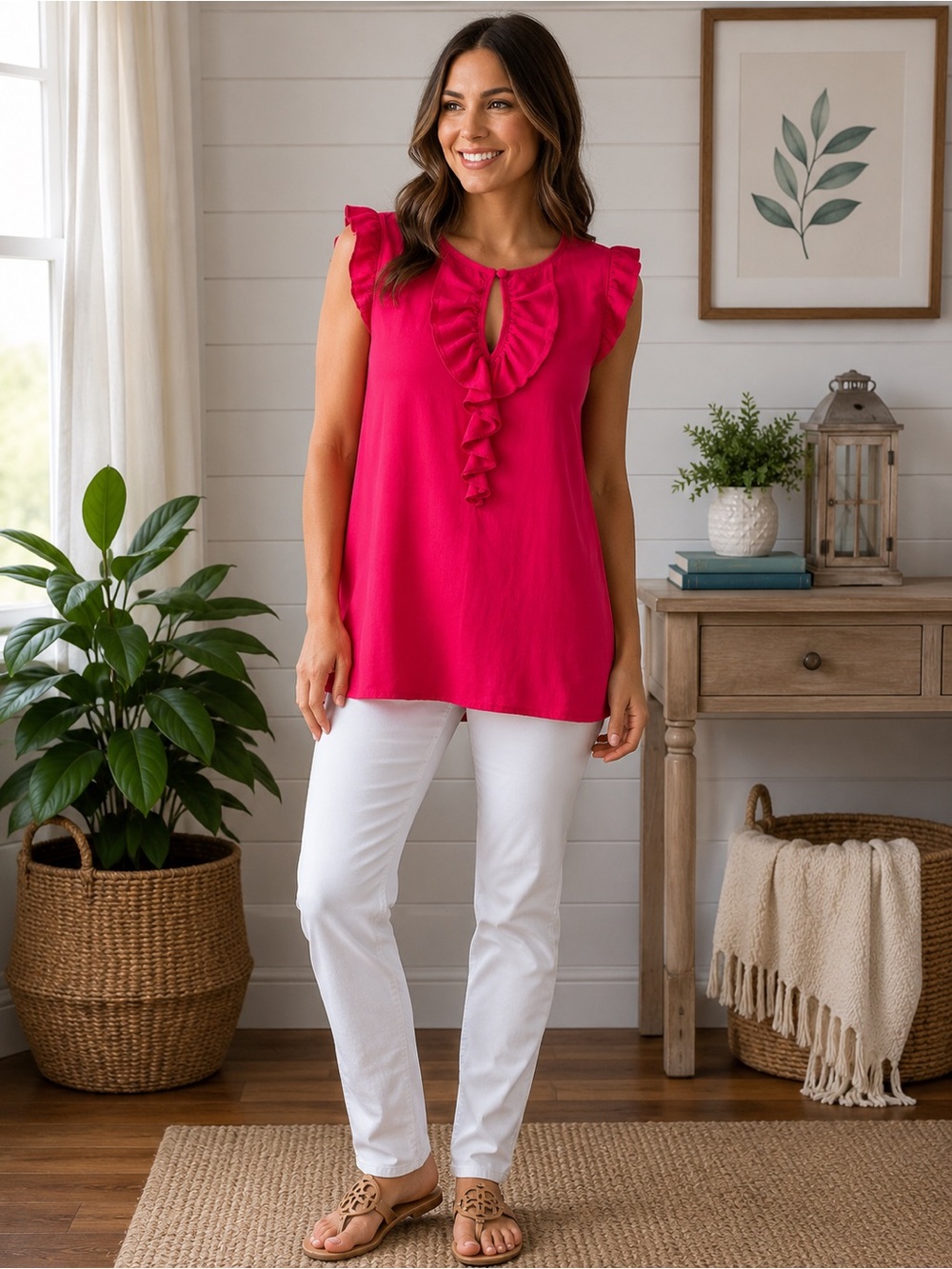 Peach Love California Ruffle Keyhole Sleeveless Blouse Pink Women’s Small